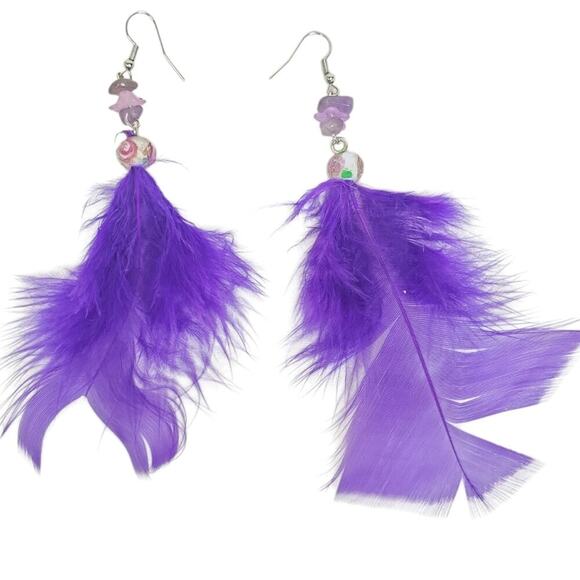 Stainless Steell Golden Sand Lampwork Amethyst Feather Frosted Acrylic Earrings - Picture 1 of 2